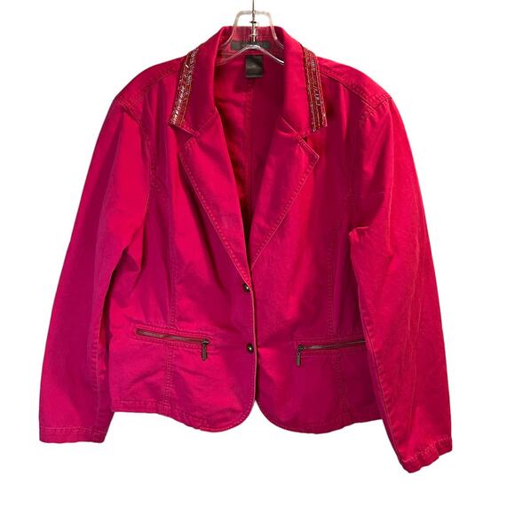 Liz Claiborne, Pink Blazer Jean Jacket, Beaded Collar, XL - Picture 1 of 11